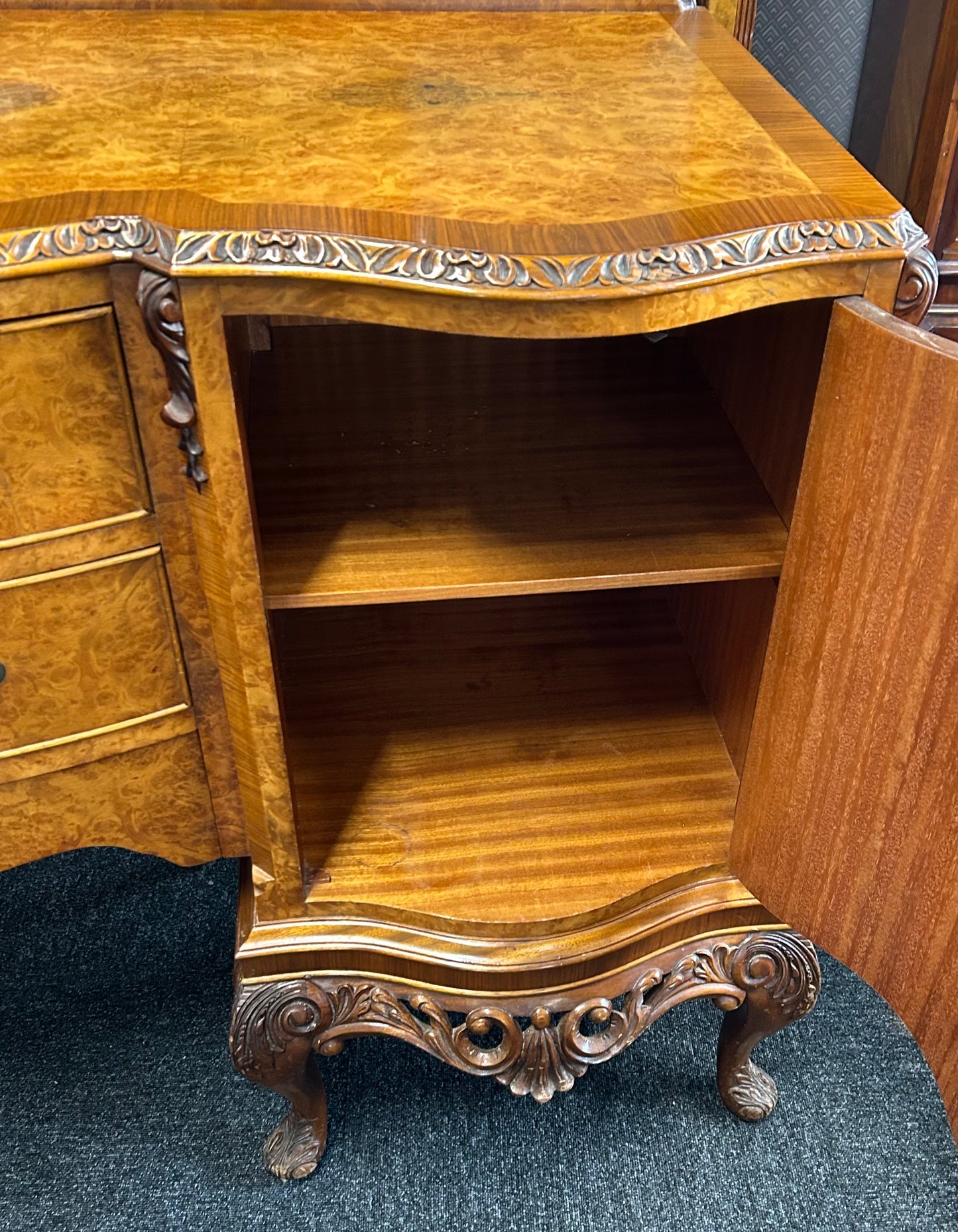 1930s Queen Anne Burr Walnut Sideboard