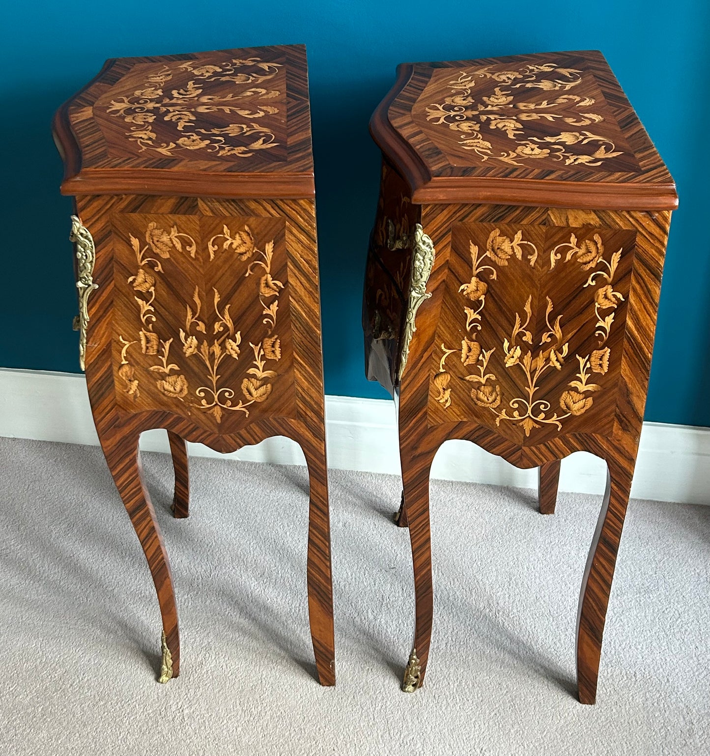 Pair of French marquetry bedside cabinets.