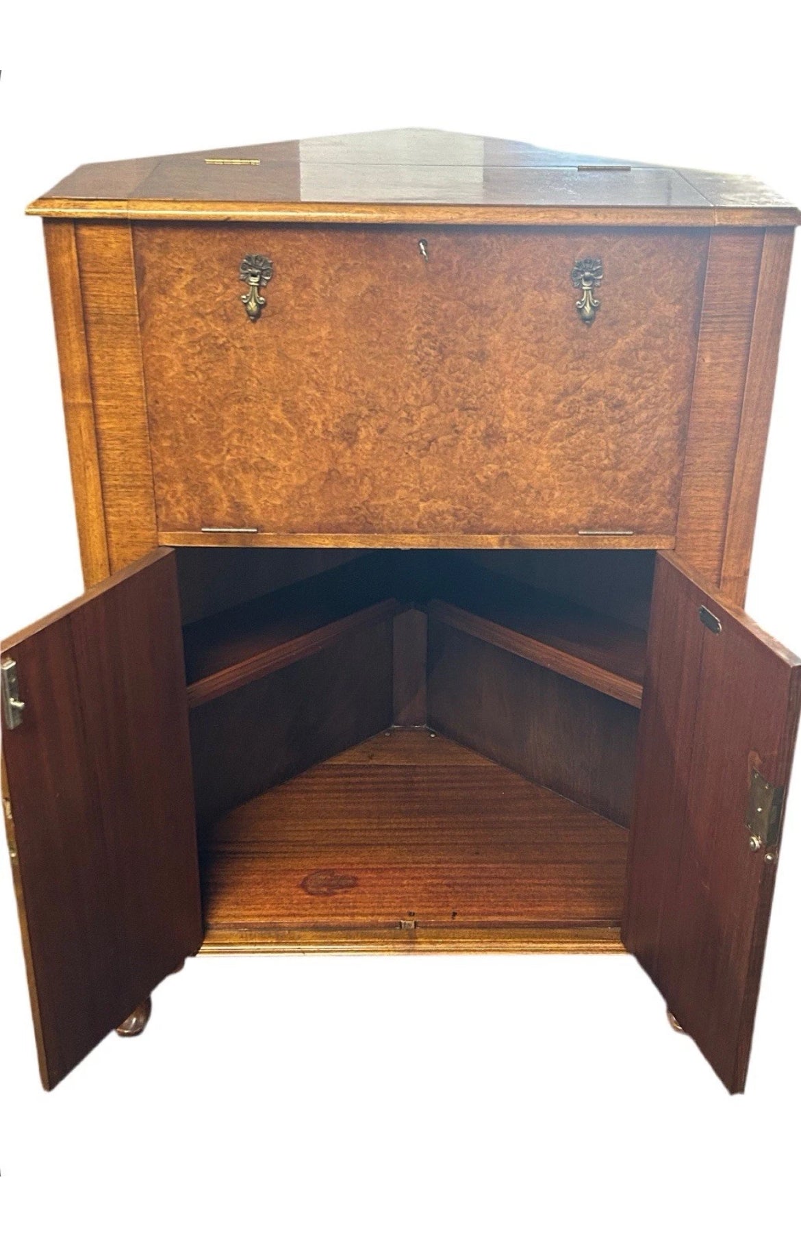 Waring and Gillow burr walnut corner cocktail cabinet