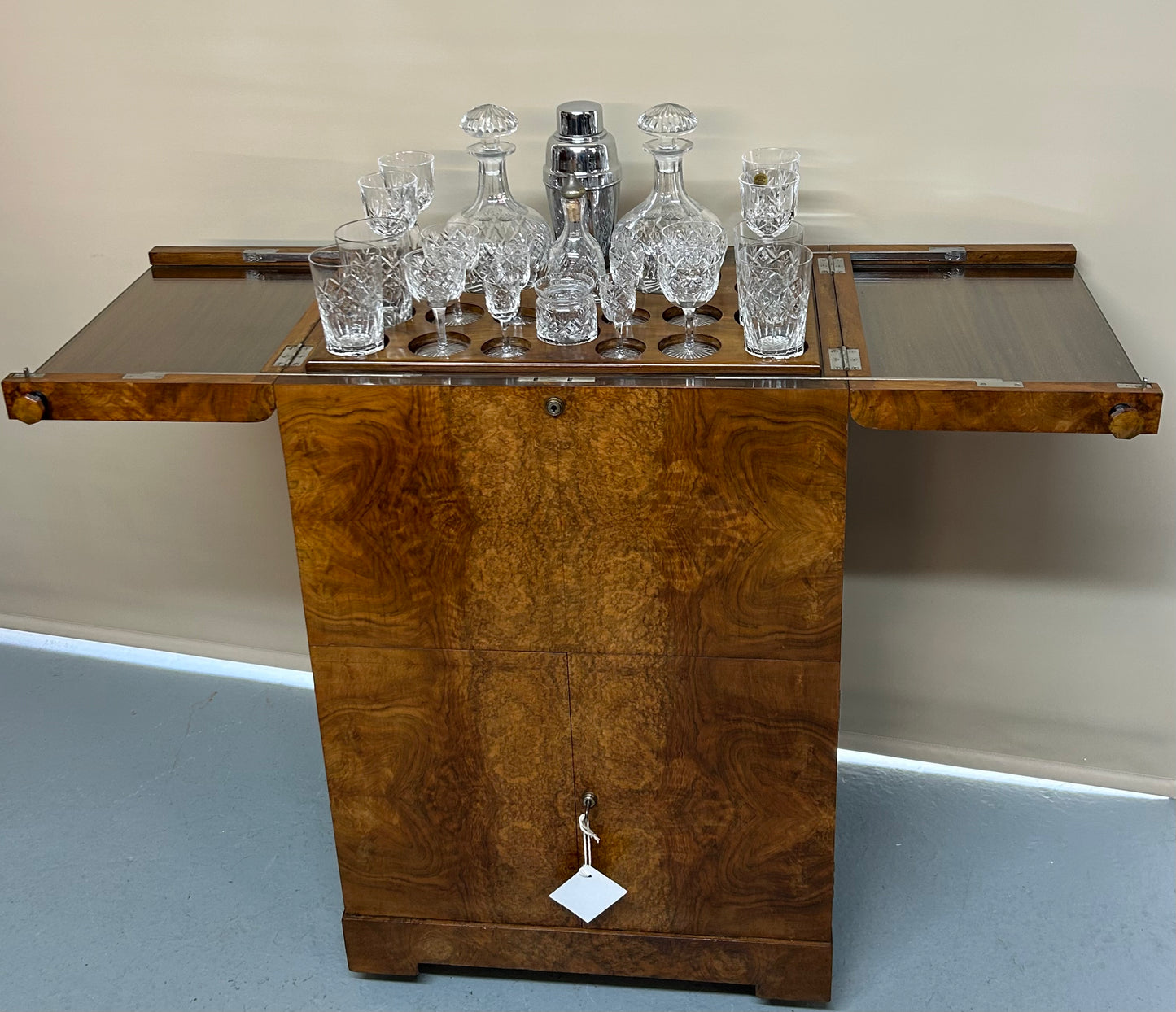 Art Deco Burr walnut metamorphic rise and fall drinks cabinet