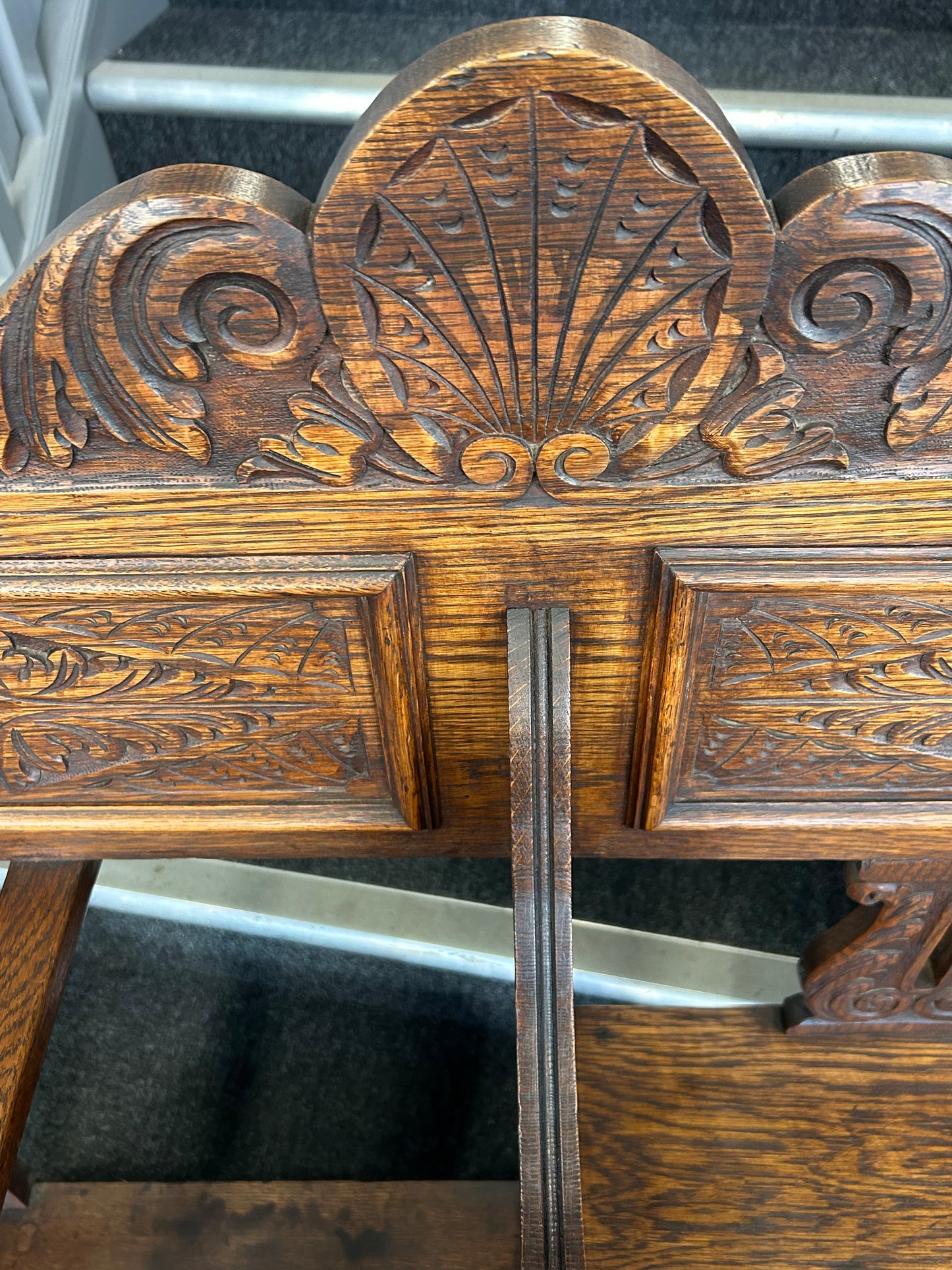 Carved oak hall seat/stick stand