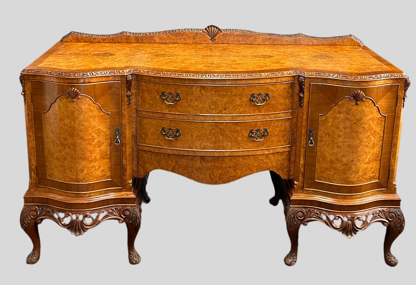 1930s Queen Anne Burr Walnut Sideboard