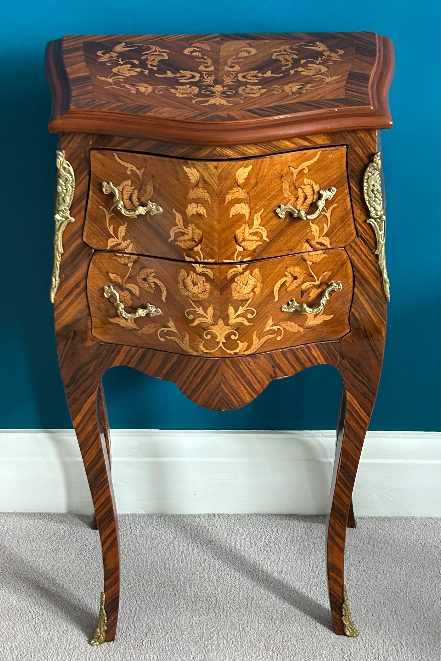 Pair of French marquetry bedside cabinets.