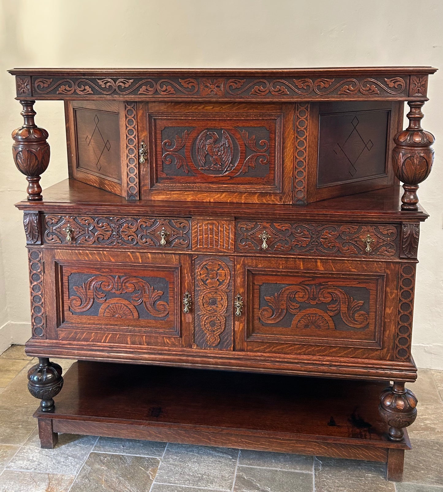 Oak carved court cupboard