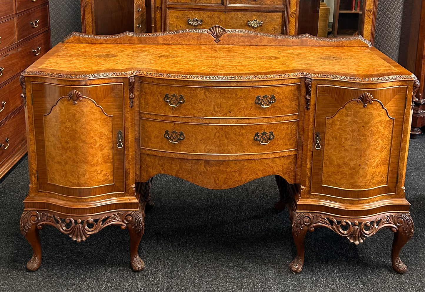 1930s Queen Anne Burr Walnut Sideboard