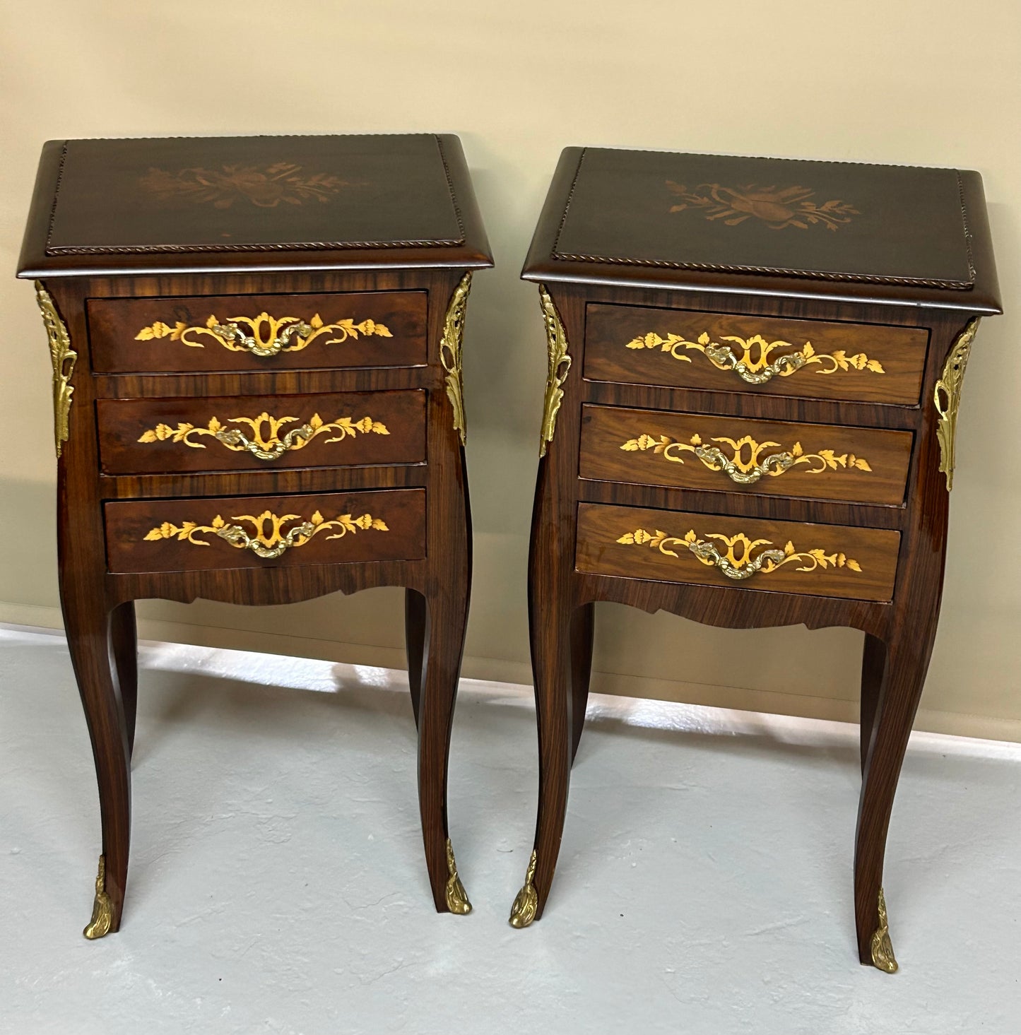 Pair of Louis XV style marquetry bedside cabinets
