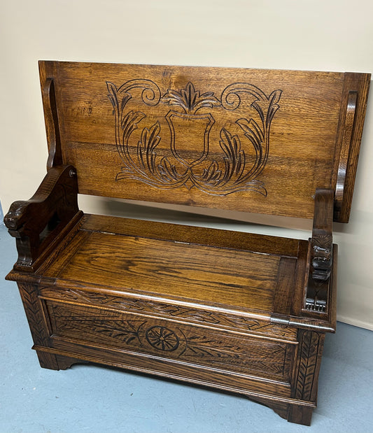 Early 20th century carved oak monks bench