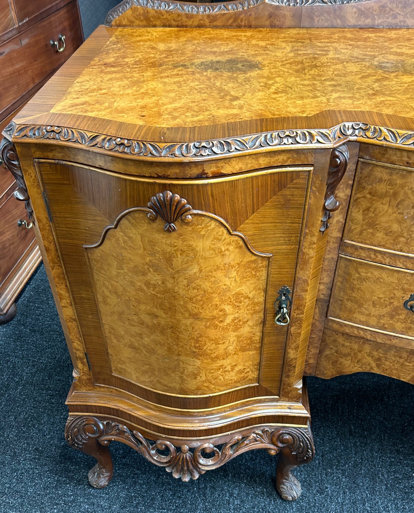 1930s Queen Anne Burr Walnut Sideboard