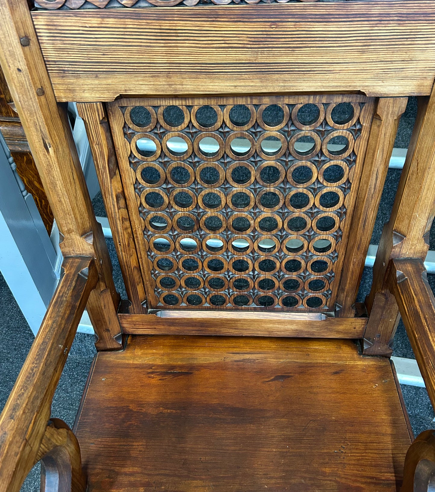 Ecclesiastical pitch pine throne chair