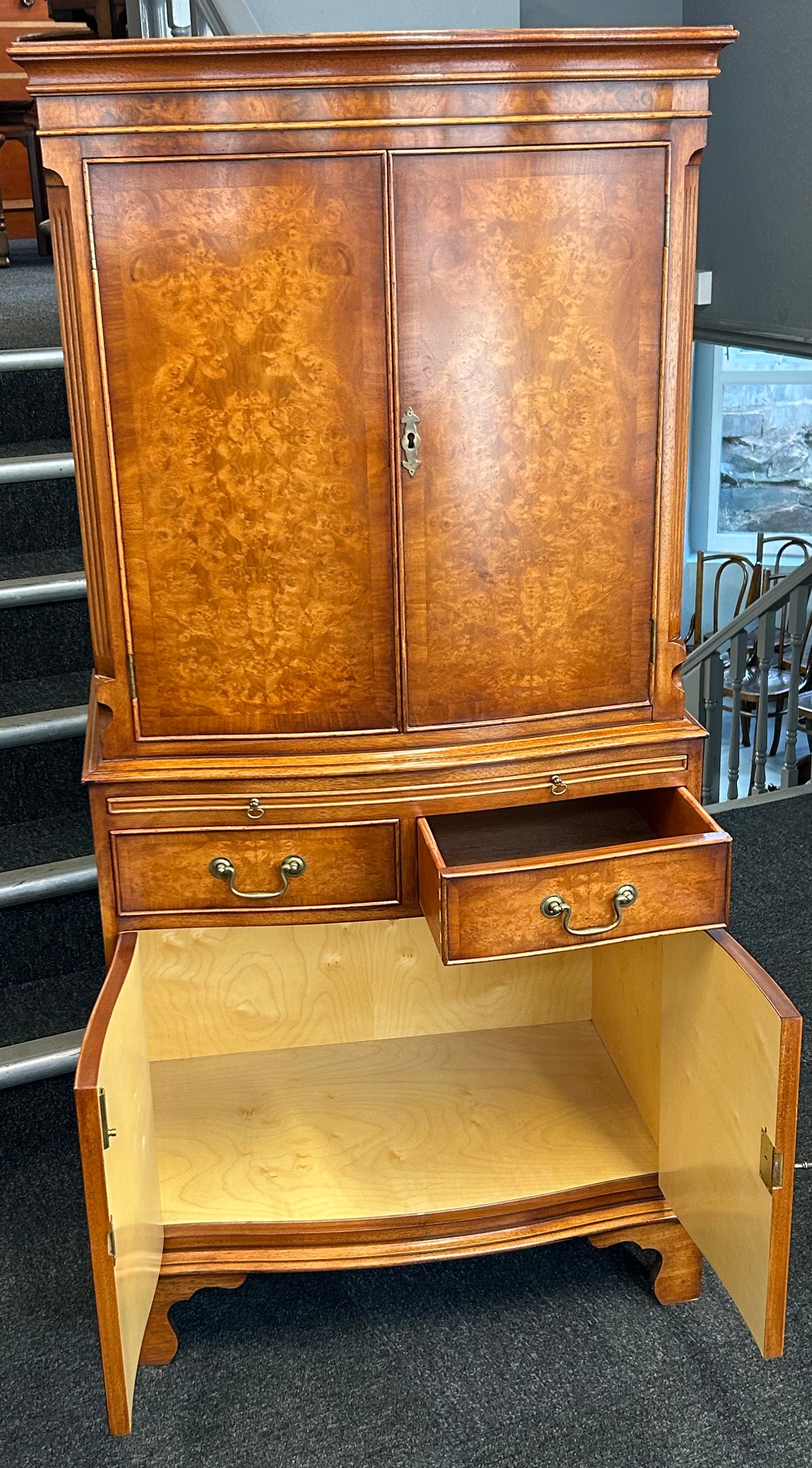 A Bevan Funnell Reprodux Burr Walnut Dinks Cabinet