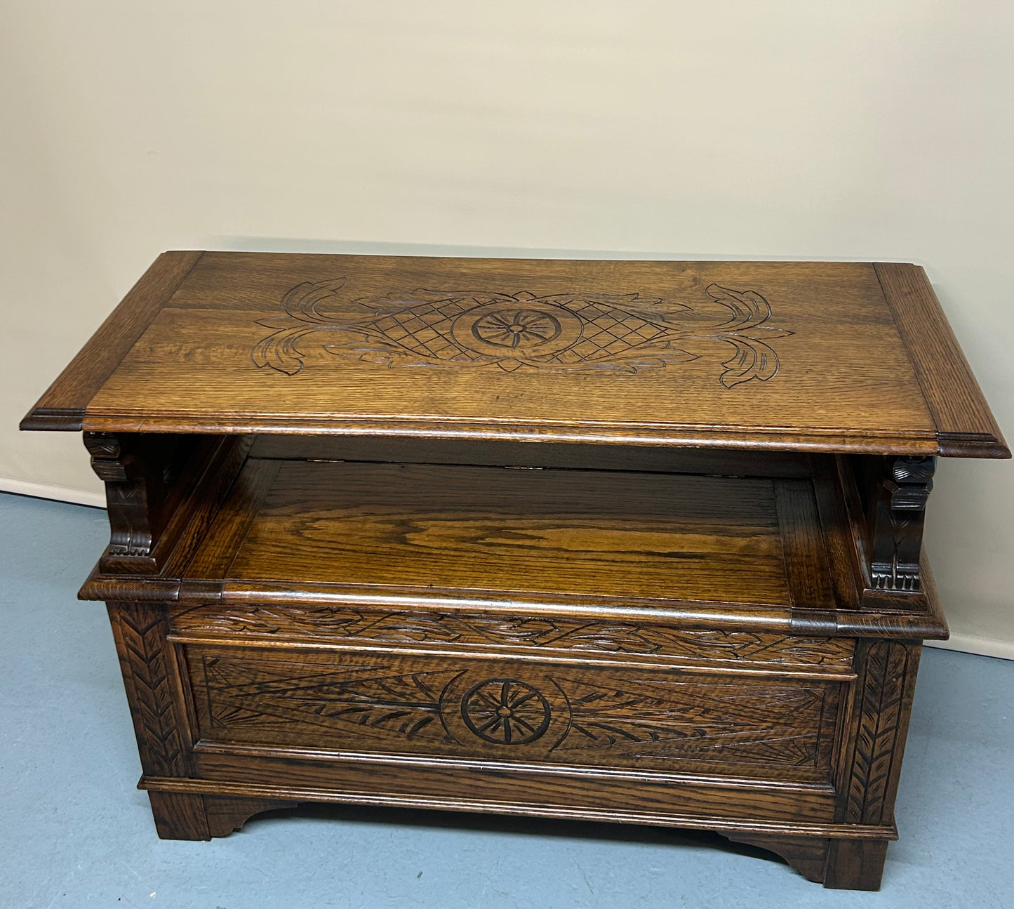 Early 20th century carved oak monks bench