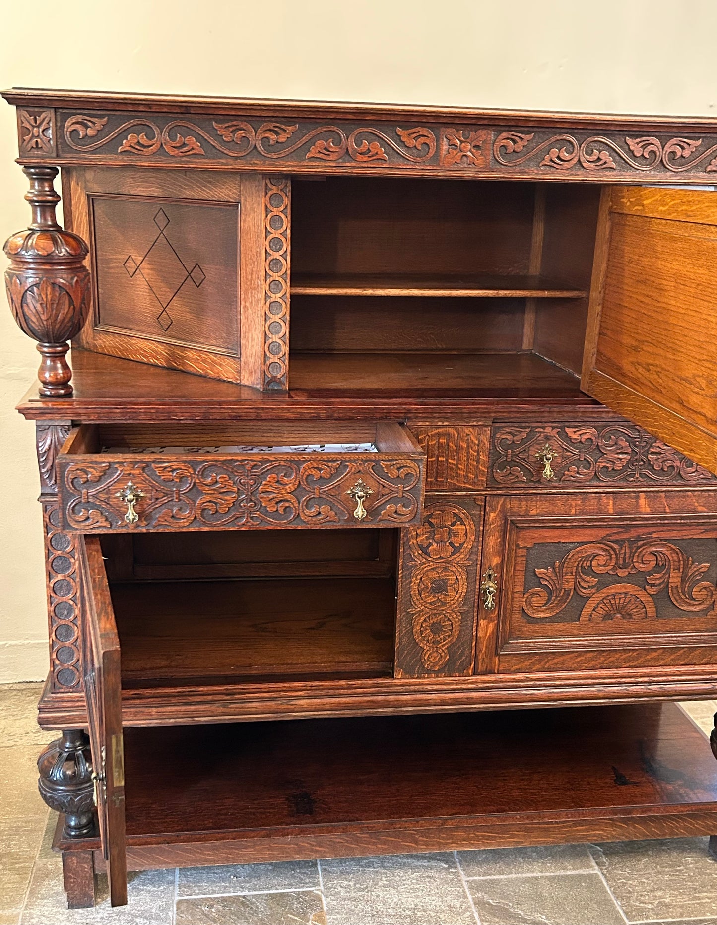 Oak carved court cupboard