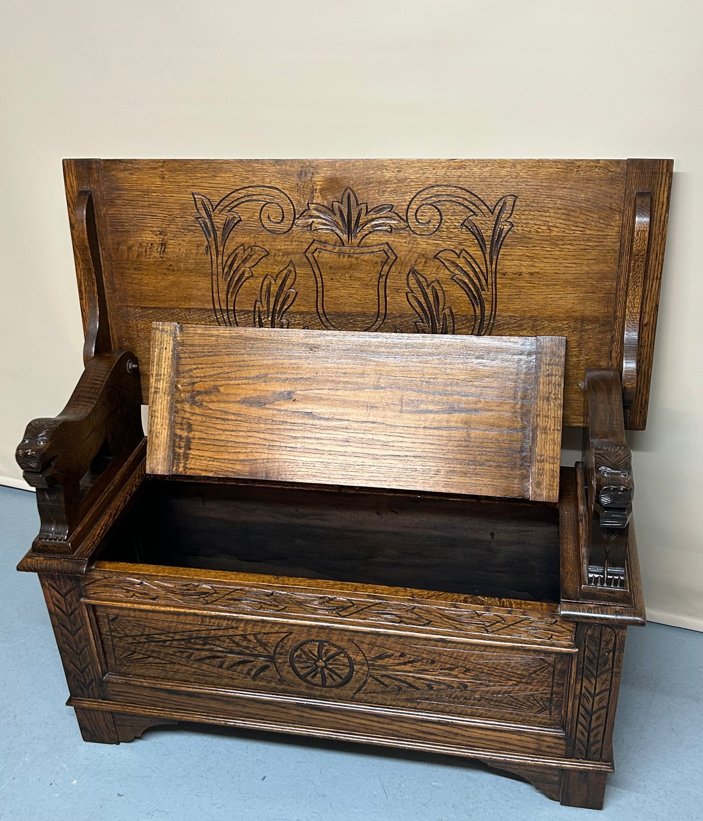 Early 20th century carved oak monks bench