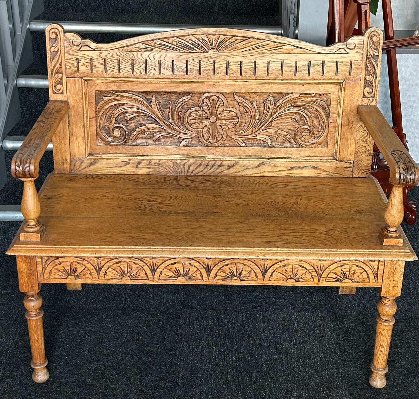 Carved oak hall seat