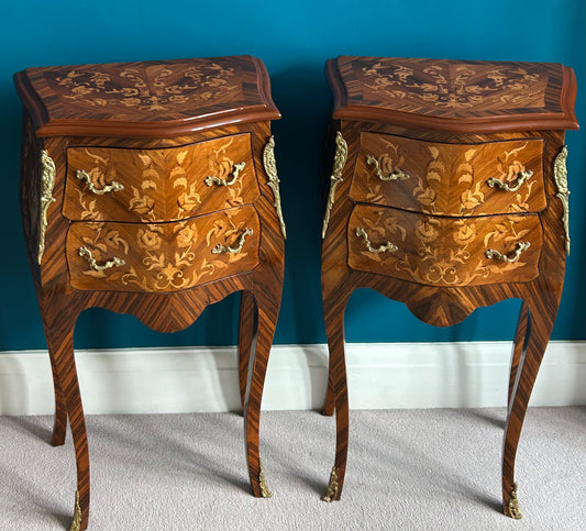 Pair of French marquetry bedside cabinets.