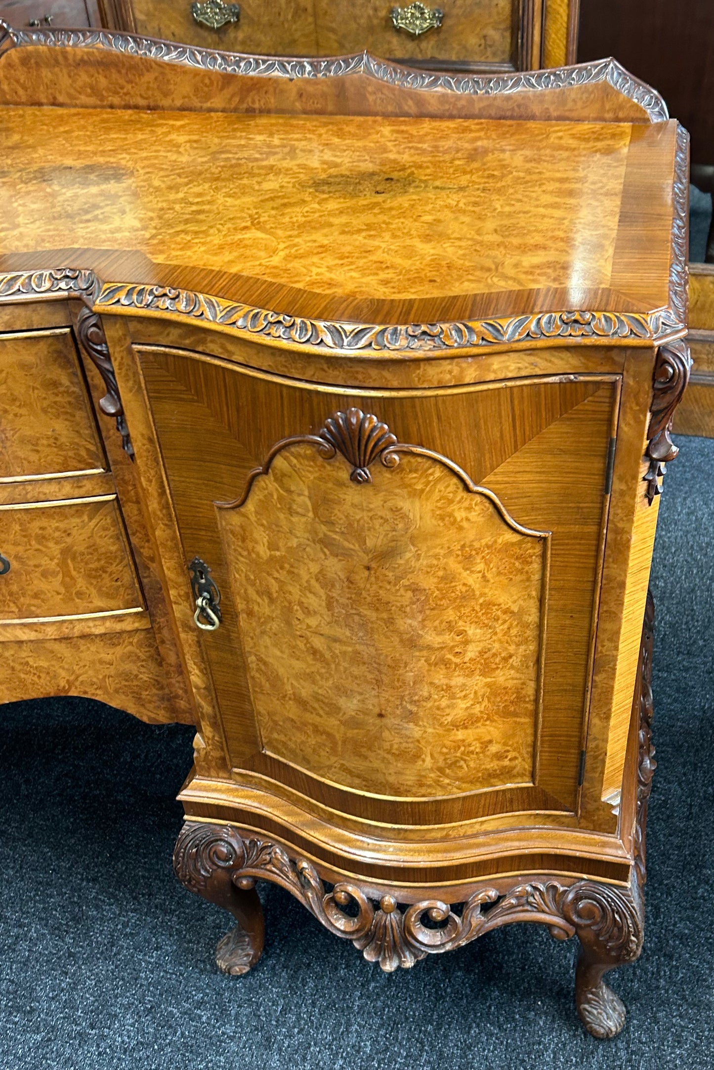 1930s Queen Anne Burr Walnut Sideboard
