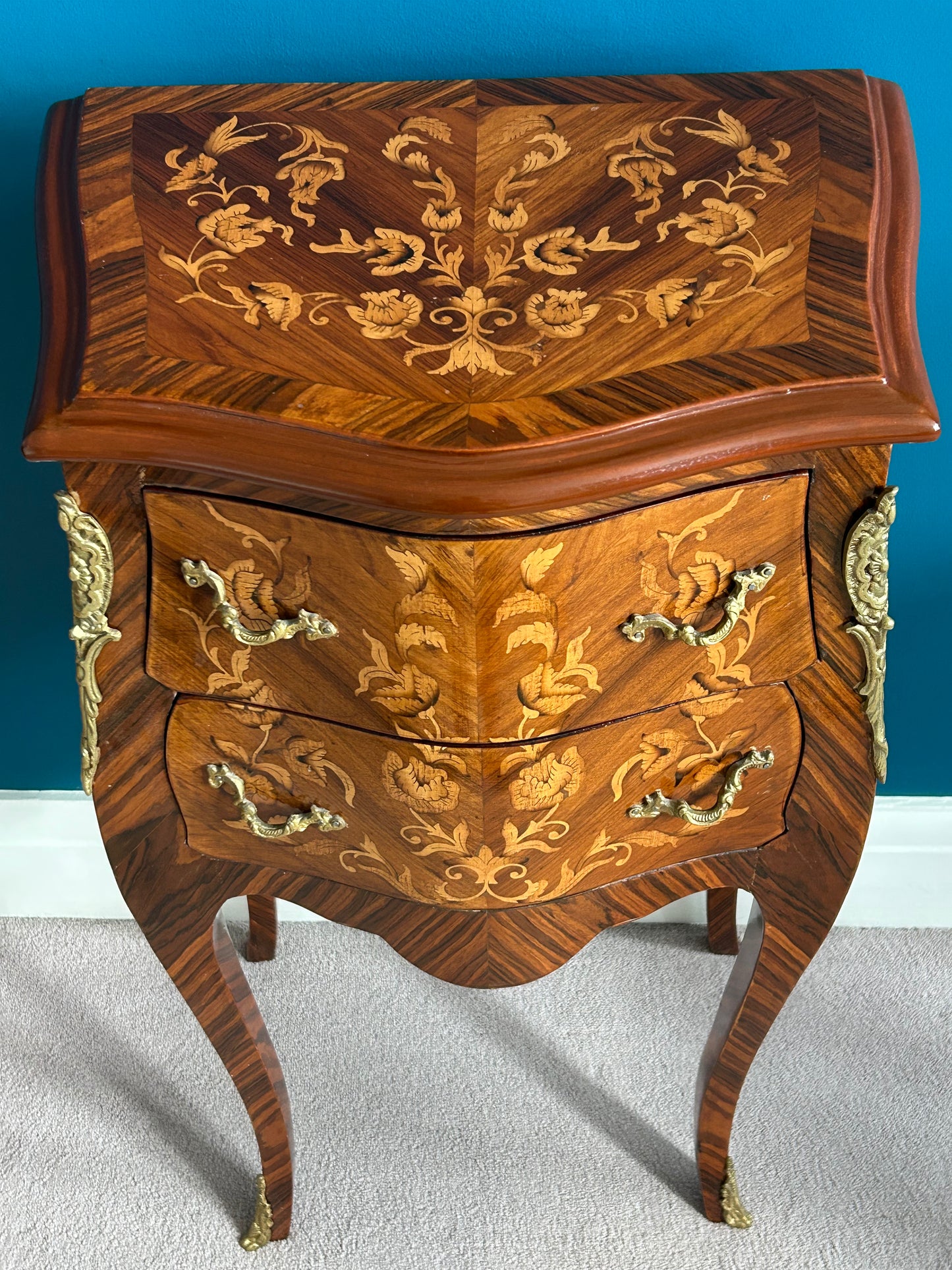 Pair of French marquetry bedside cabinets.