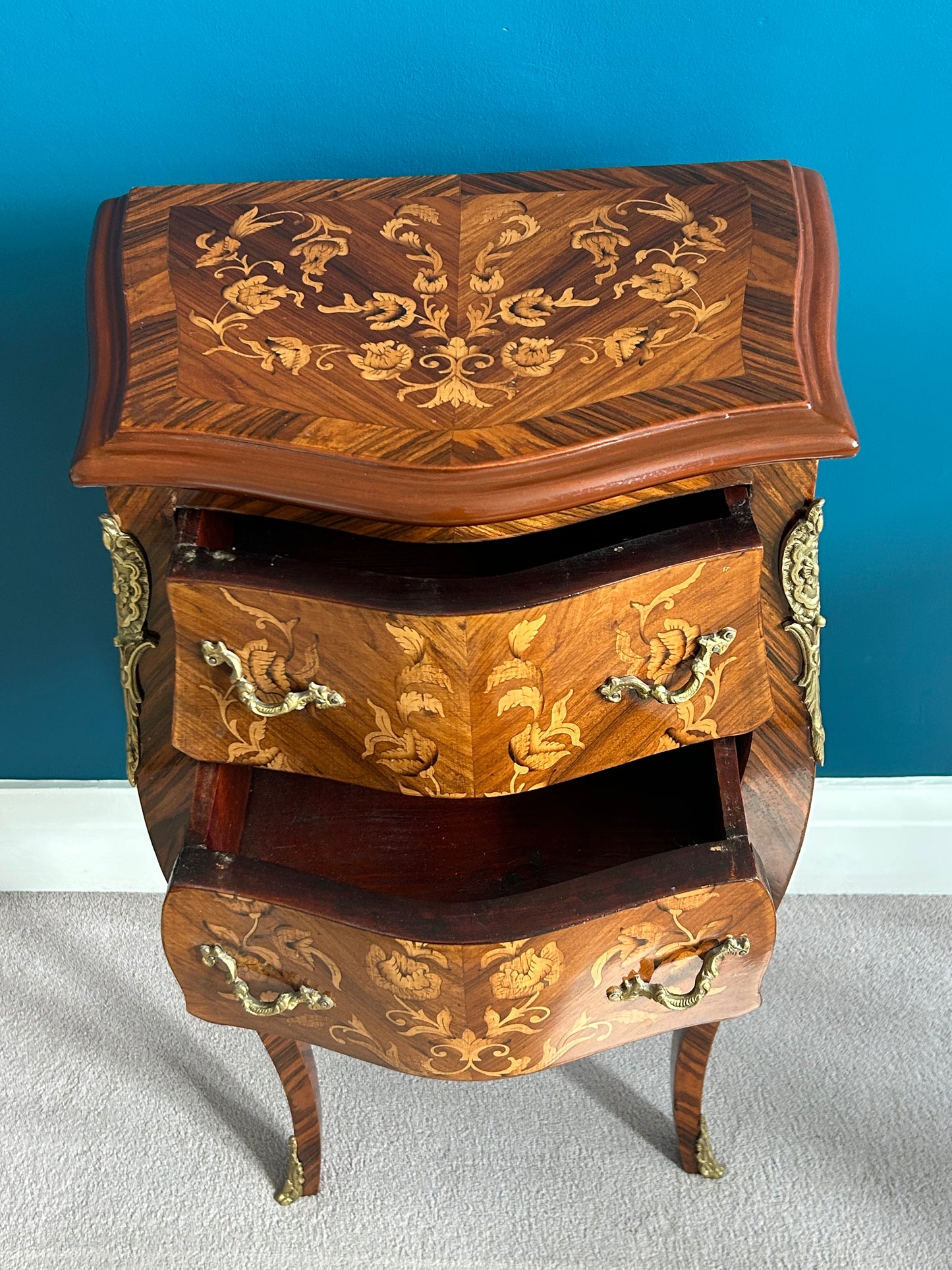 Pair of French marquetry bedside cabinets.