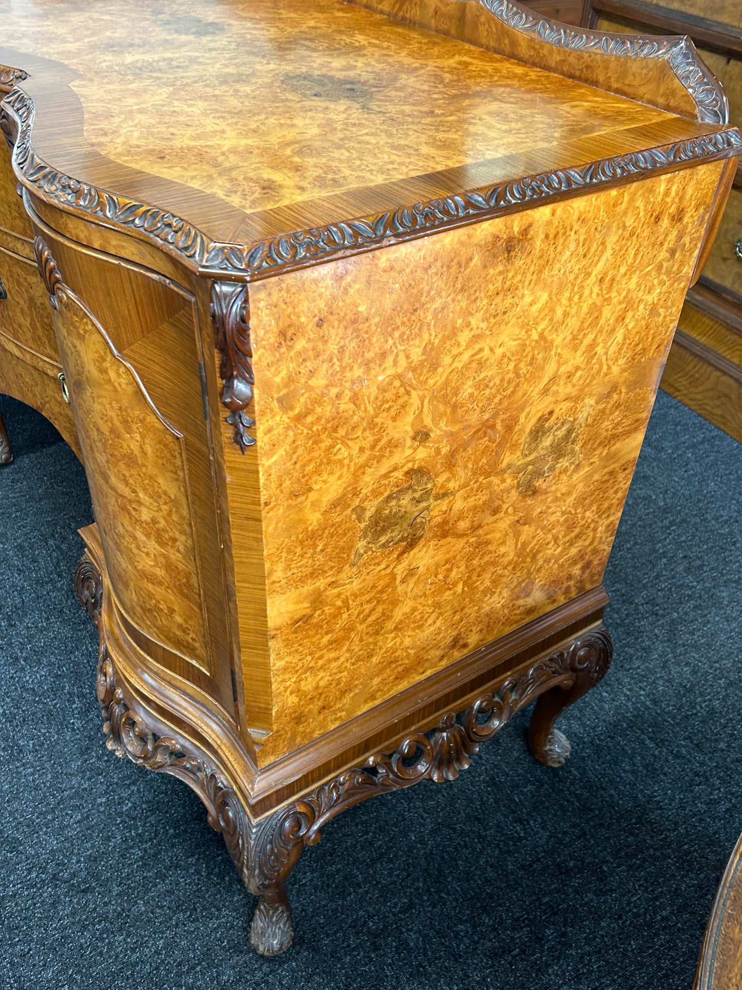 1930s Queen Anne Burr Walnut Sideboard