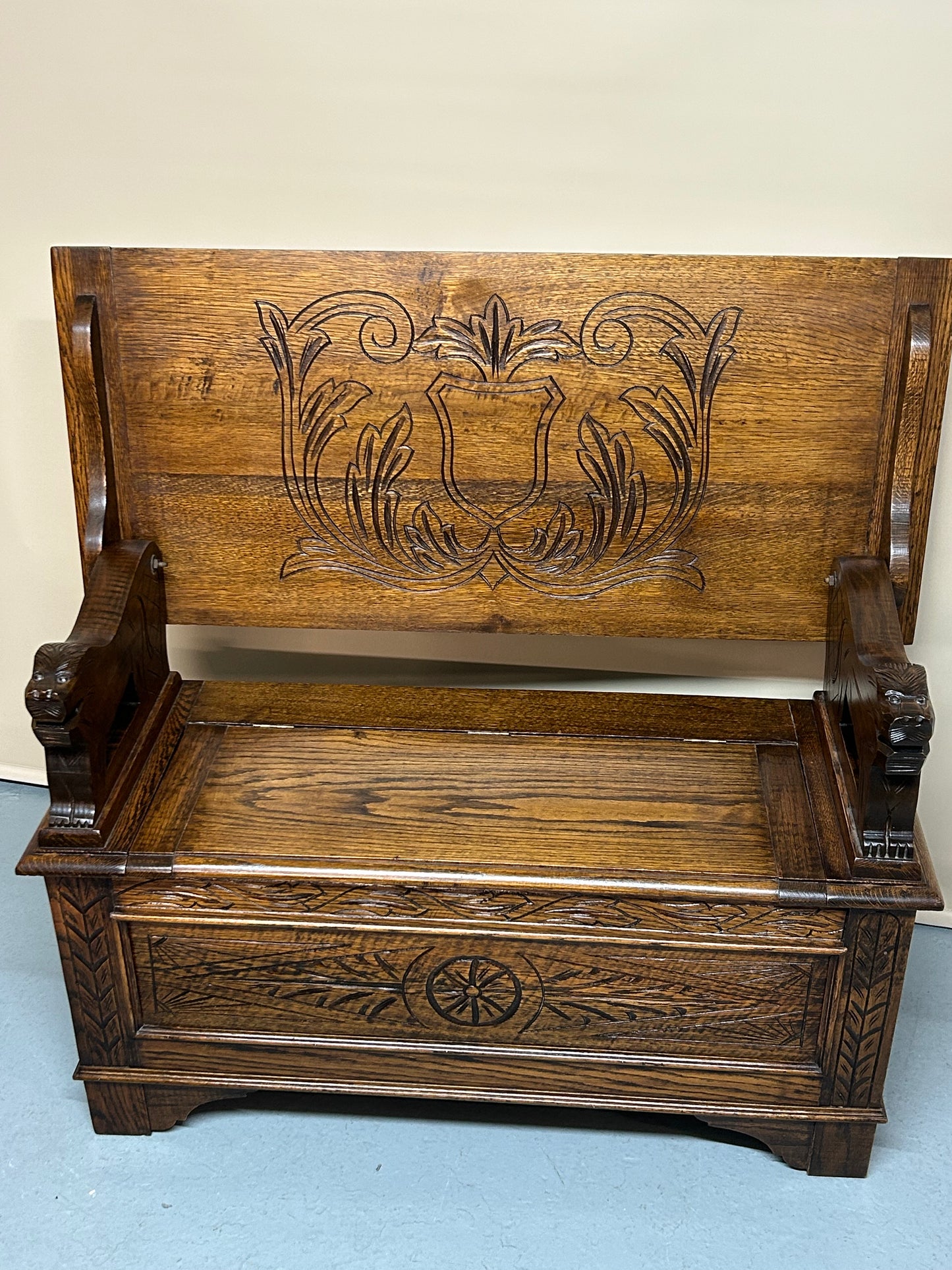 Early 20th century carved oak monks bench