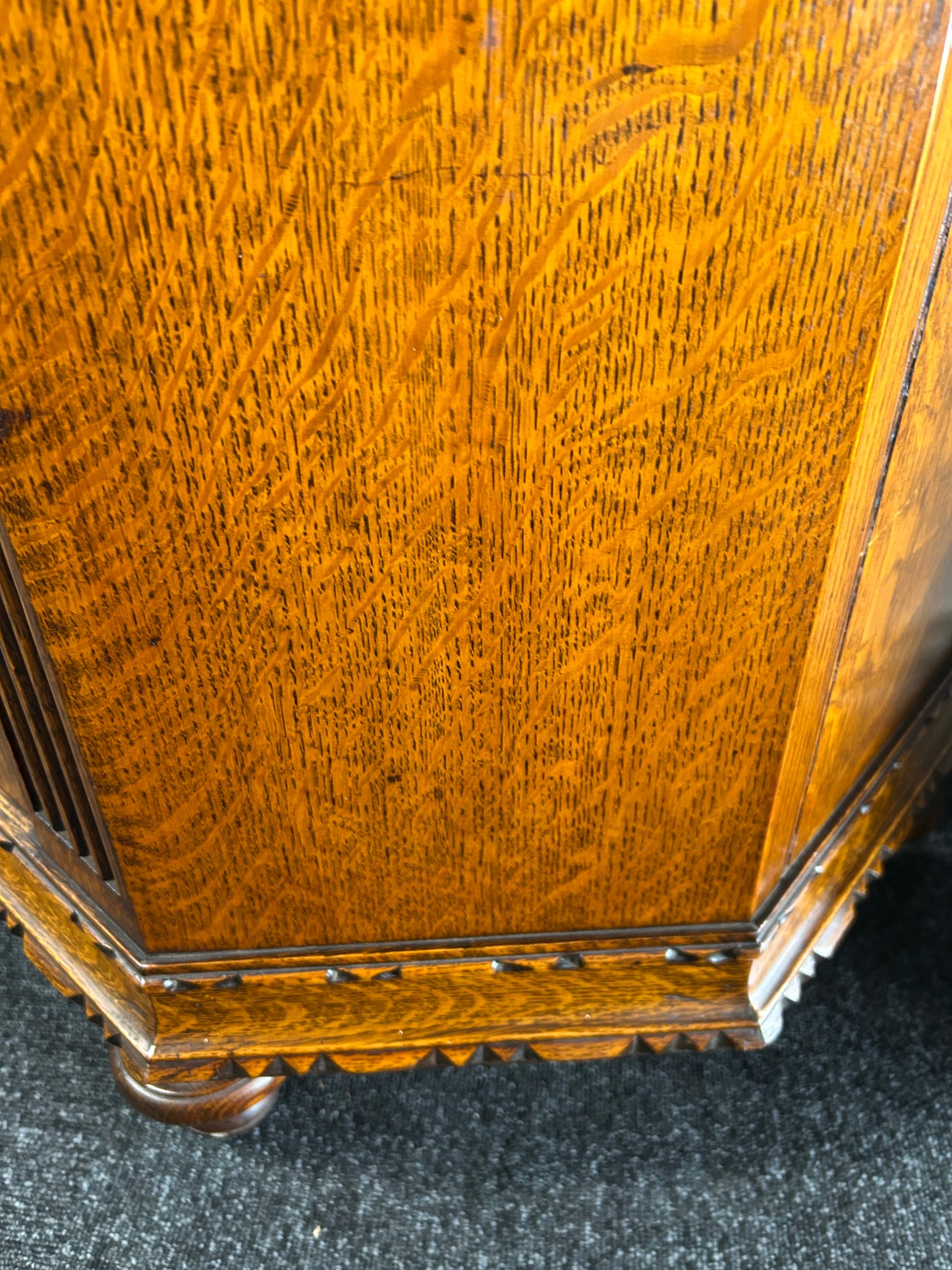 Solid oak 1920s hall robe with linen fold door