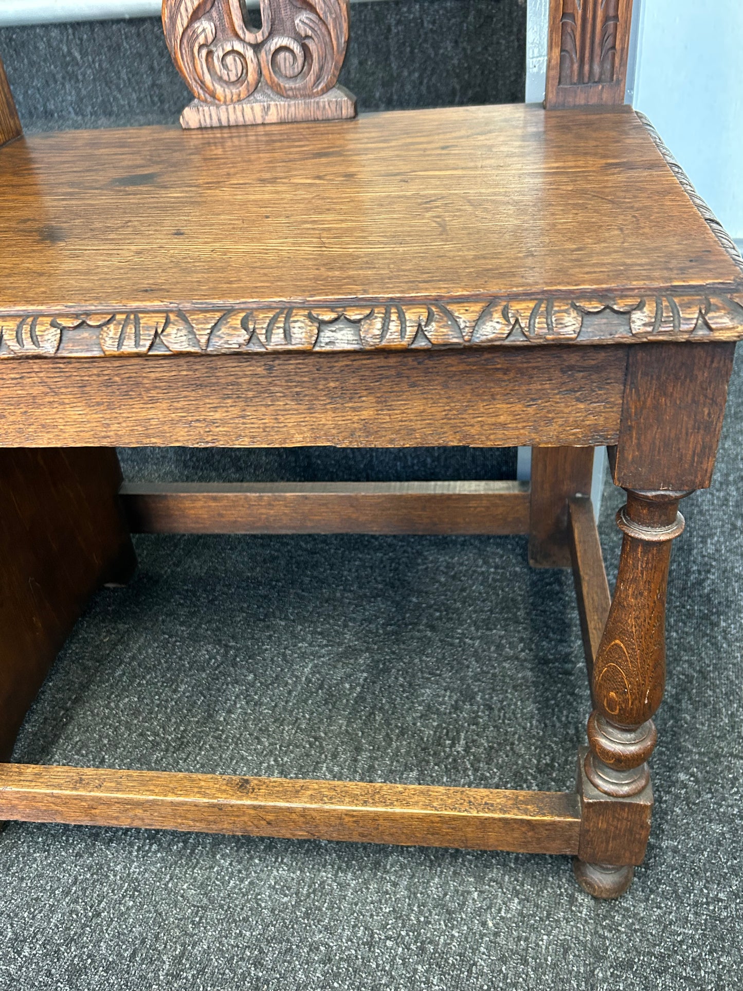 Carved oak hall seat/stick stand